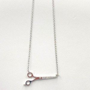 White Gold Plated Crystal Studded Professional Stylist Shears Pendant Necklace